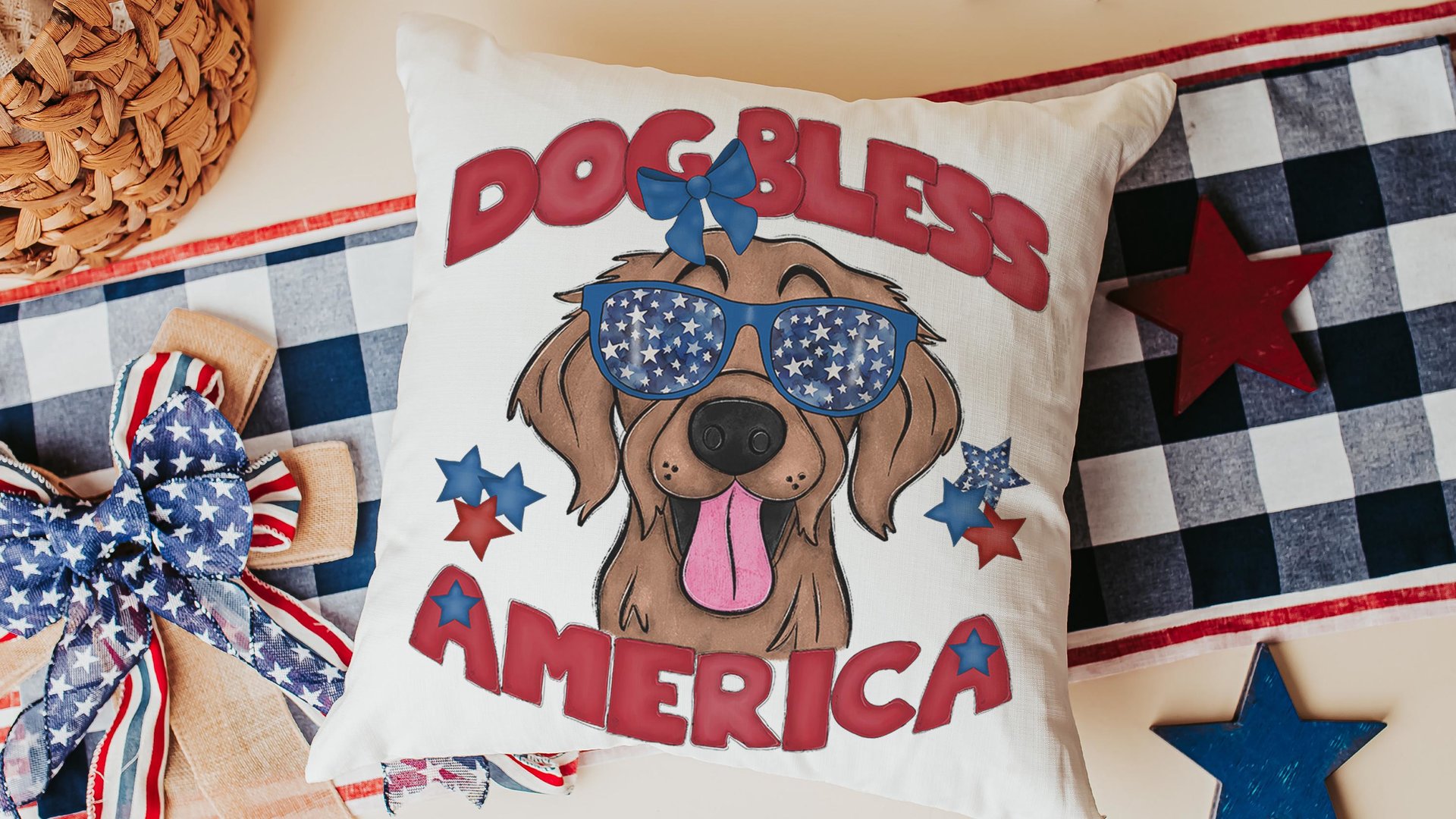 dog bless America 4th of July kitchen towel for bbq, red white and blue patriotic dog hand towel for gifting, Golden Retriever dog gift