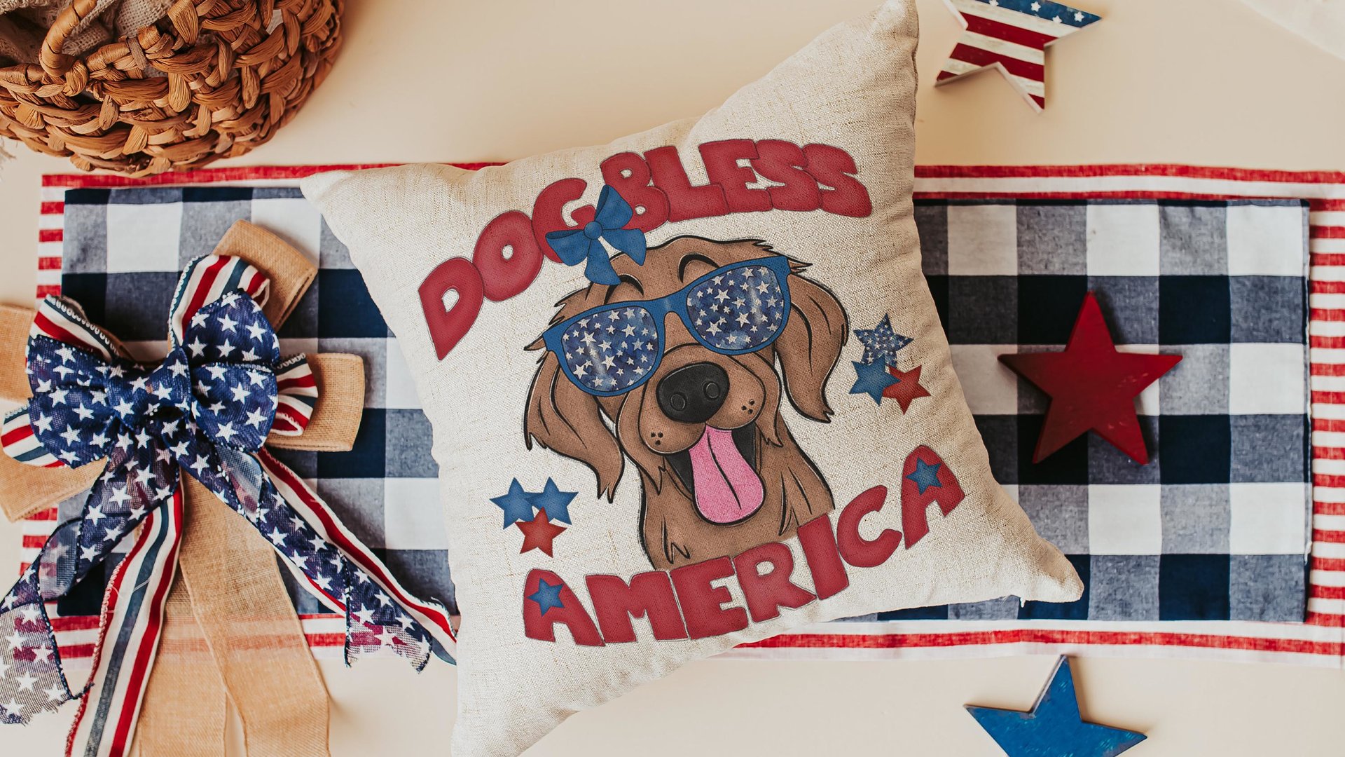 dog bless America 4th of July kitchen towel for bbq, red white and blue patriotic dog hand towel for gifting, Golden Retriever dog gift