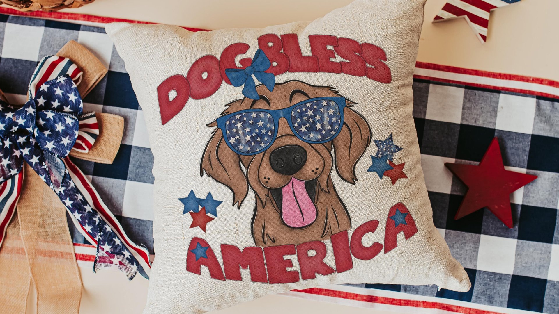 dog bless America 4th of July kitchen towel for bbq, red white and blue patriotic dog hand towel for gifting, Golden Retriever dog gift
