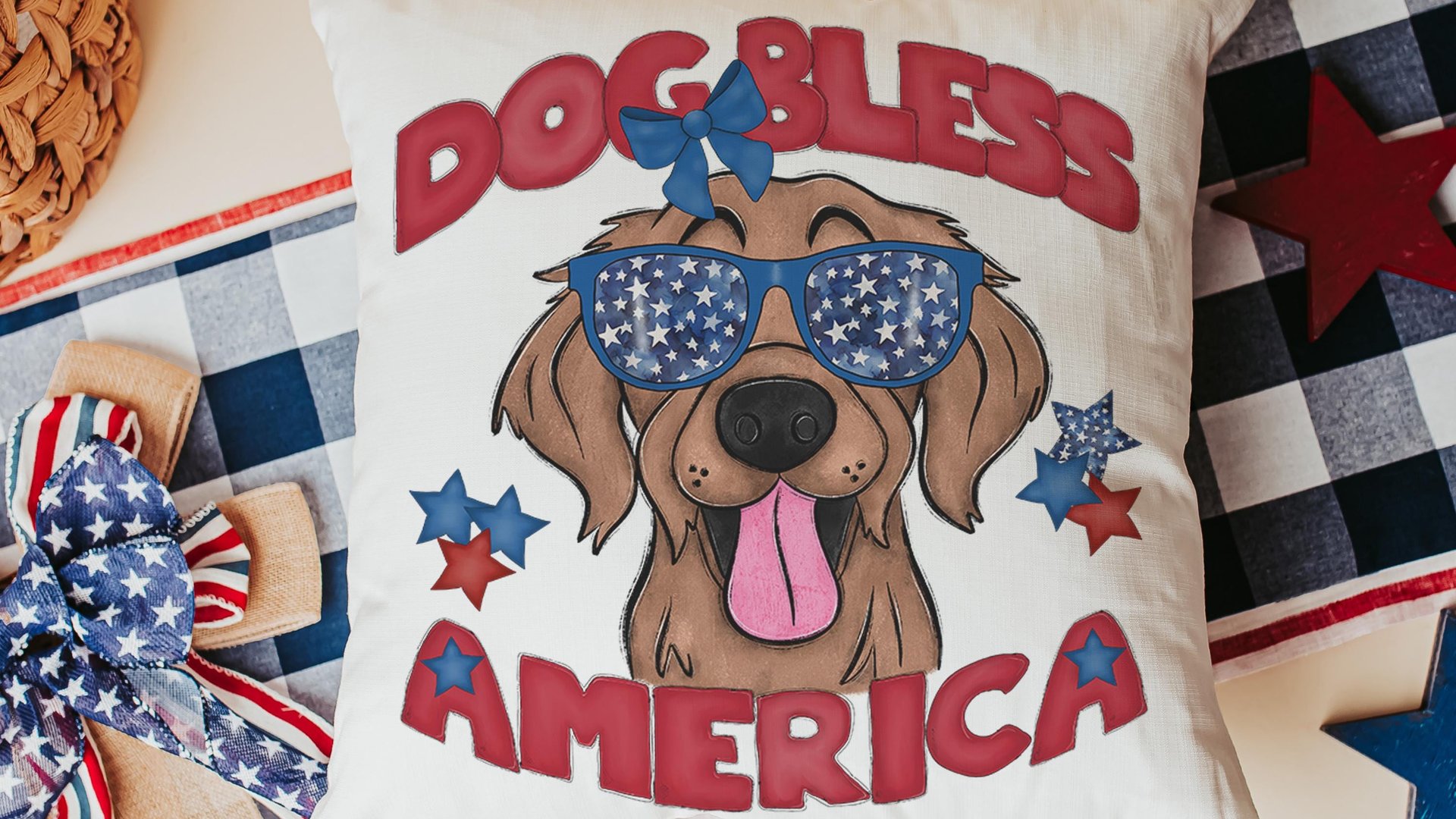 dog bless America throw pillows for couch for dog lovers, golden retriever gifts for women, patriotic dog decor for home, best gifts for her