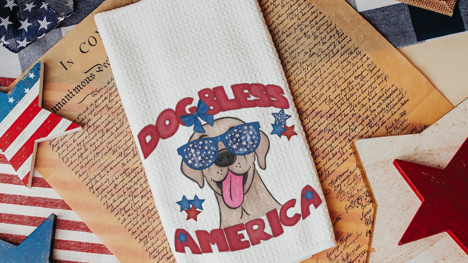 dog bless America yellow lab kitchen towels for bbq, best gifts for dog lovers, 4th of July kitchen decor, yellow labrador retriever gifts