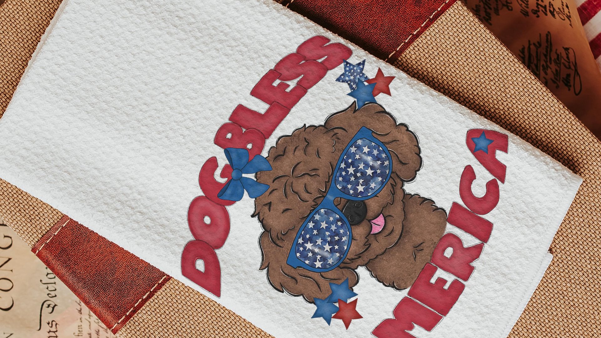 dog bless America patriotic kitchen towel for summer, unique dog mom gifts, toy poodle home decor, best gifts for dog lovers, 4th of July