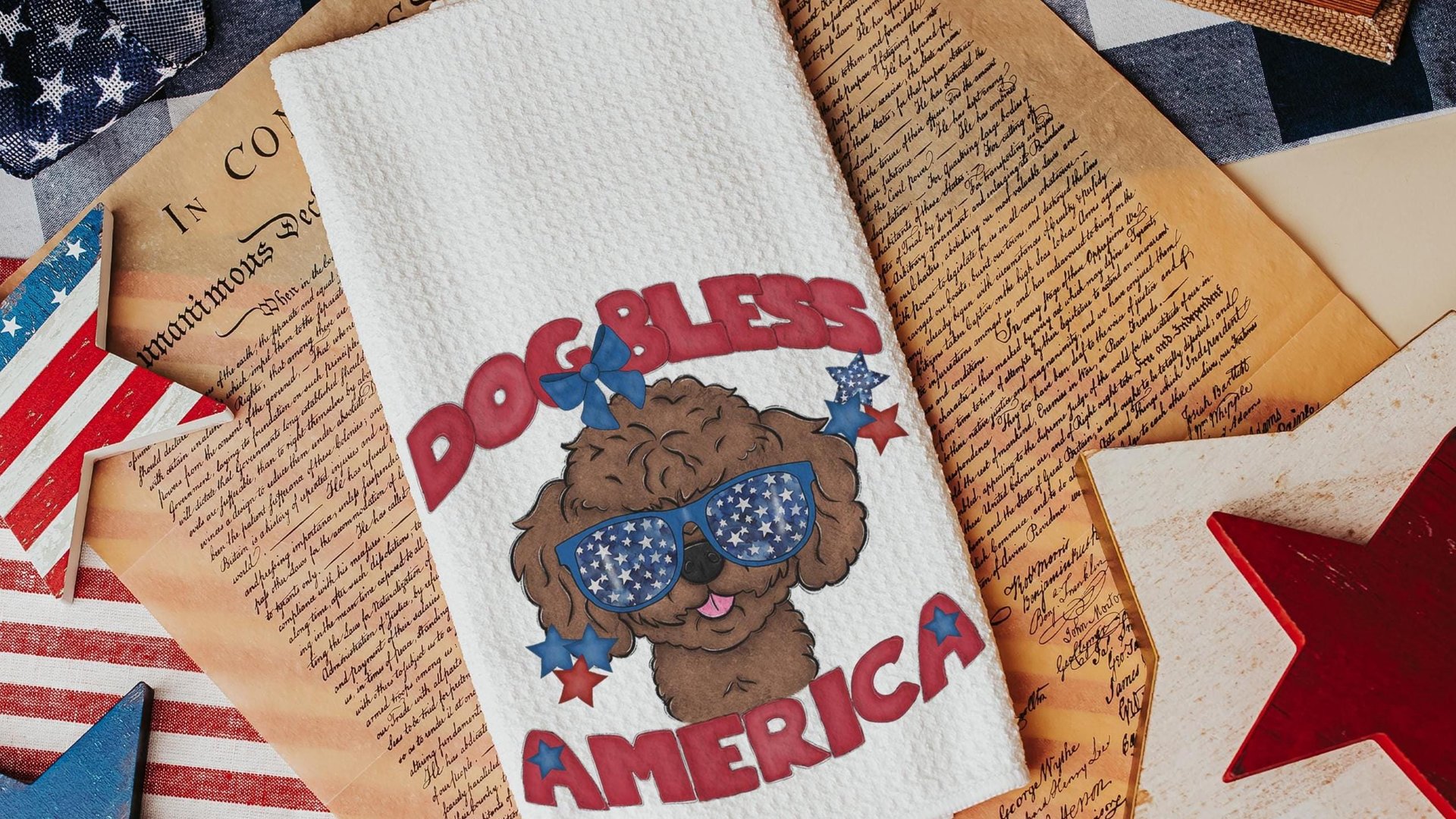dog bless America patriotic kitchen towel for summer, unique dog mom gifts, toy poodle home decor, best gifts for dog lovers, 4th of July