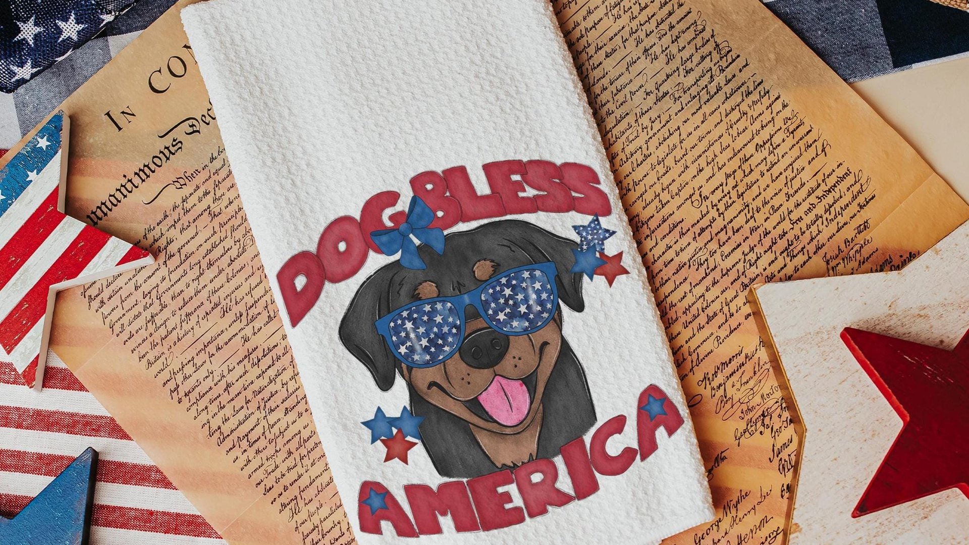dog bless America Rottweiler kitchen towel for drying dishes, red white and blue patriotic dog hand towel for bathroom, 4th of July Rottie