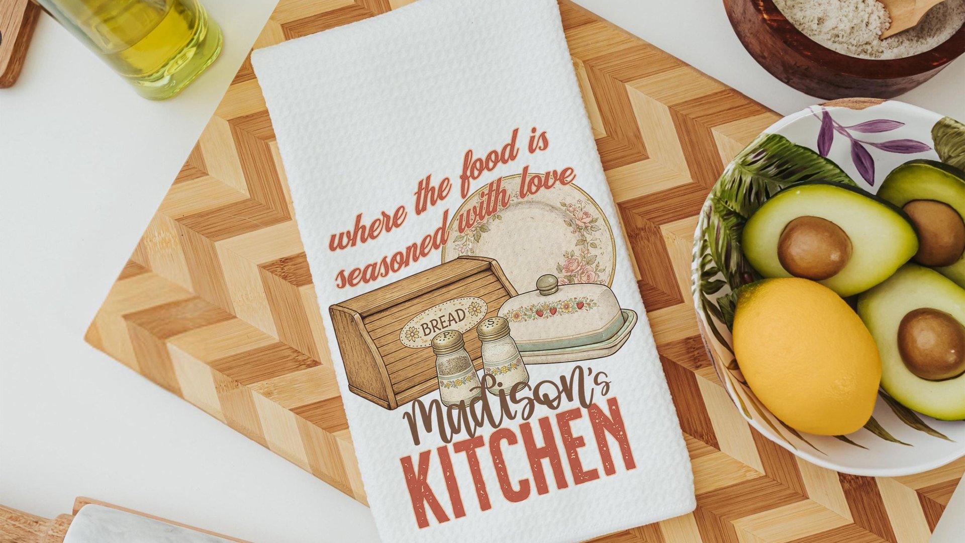 personalized seasoned with love kitchen towel for grandma, vintage inspired kitchen decor, baker gifts for her, moms kitchen hand towel for