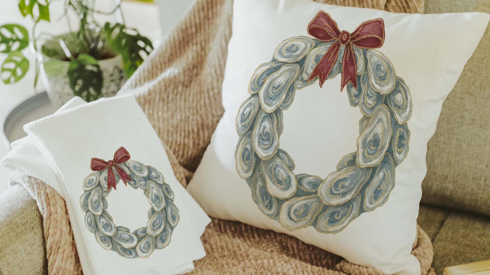 oyster shell spring wreath throw pillows for living room, oyster shell hand towels for bathroom beachy gifts for neighbors