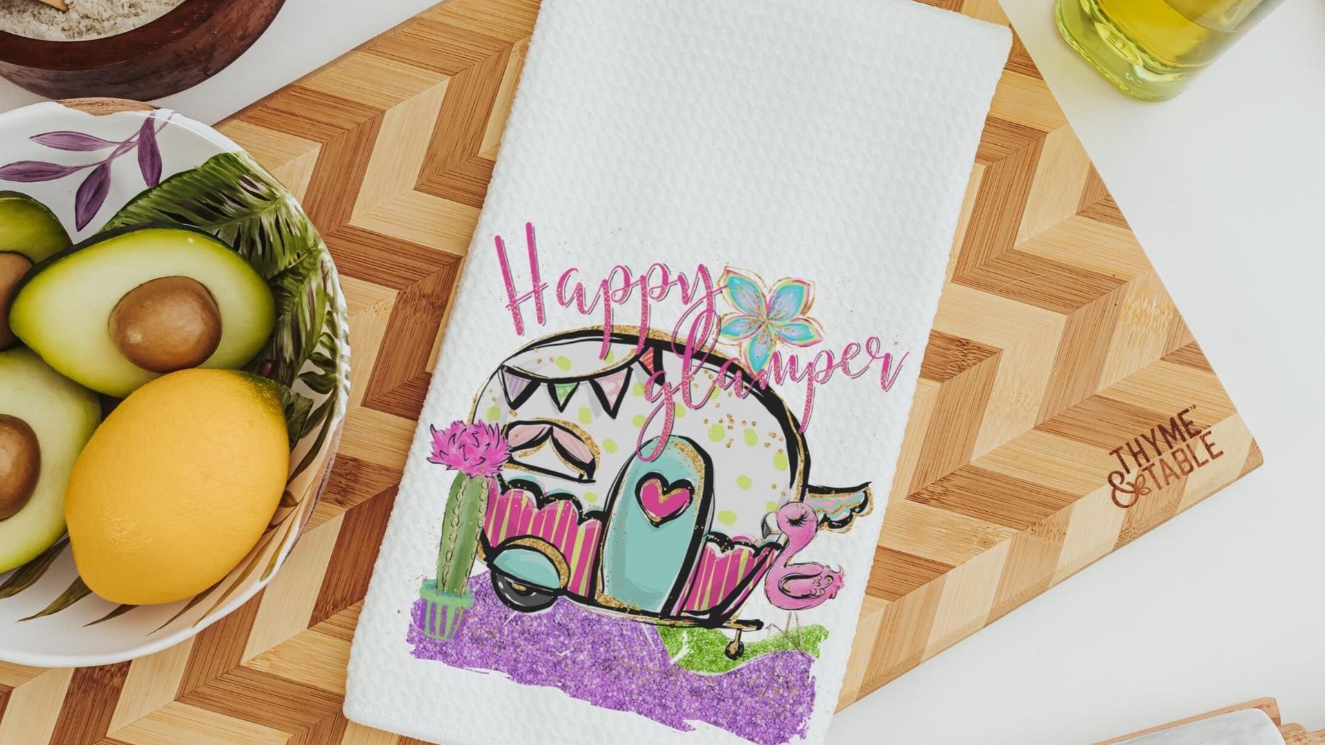happy glamper pillows for camper, summer hand towel for bathroom, RV accessories for inside, van life gifts, indoor camper decor, best gifts