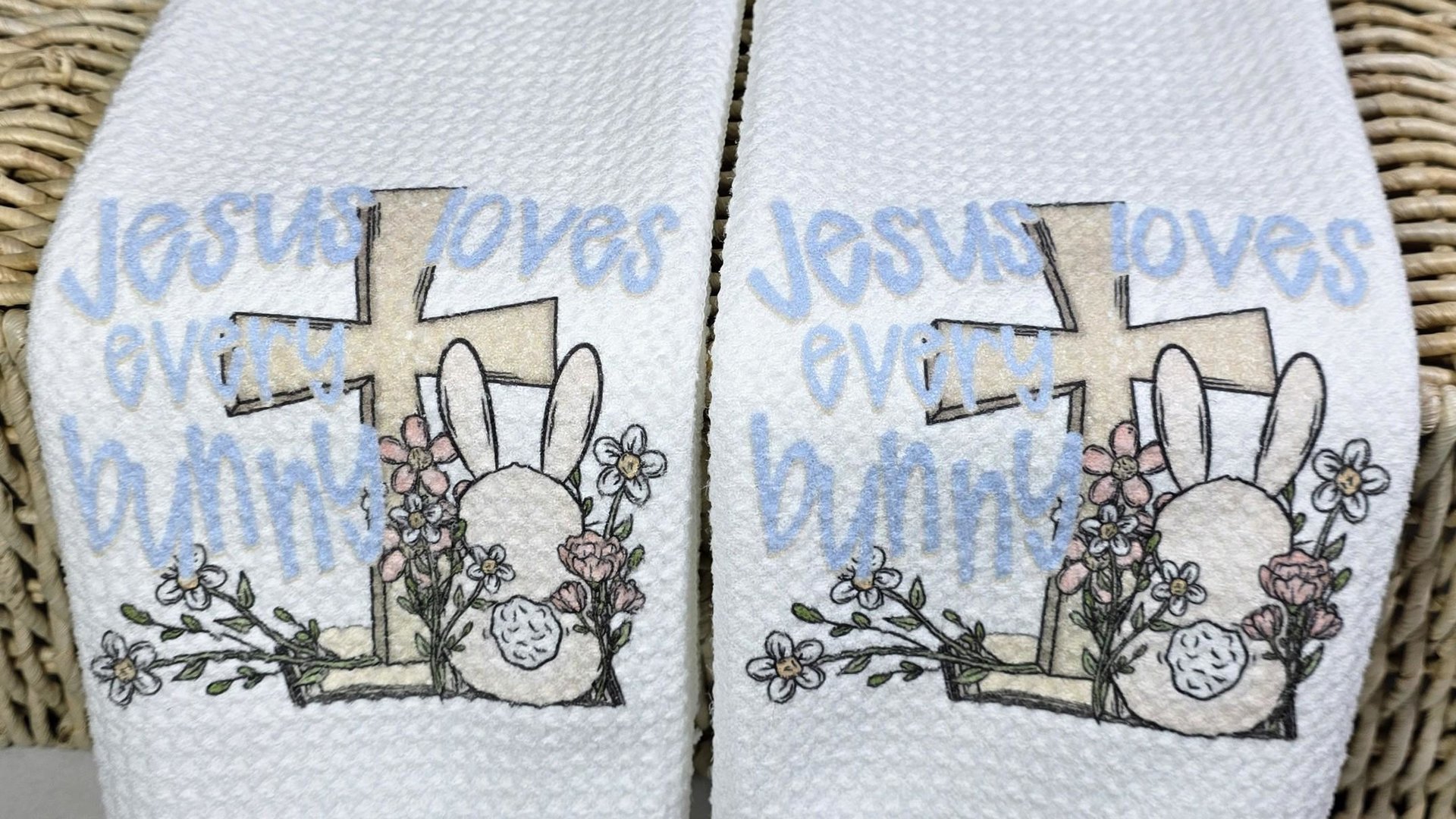 Jesus loves every bunny cute Easter throw pillow covers 18 x 18, Christian Easter bunny kids bathroom hand towels, whimsical Easter decor