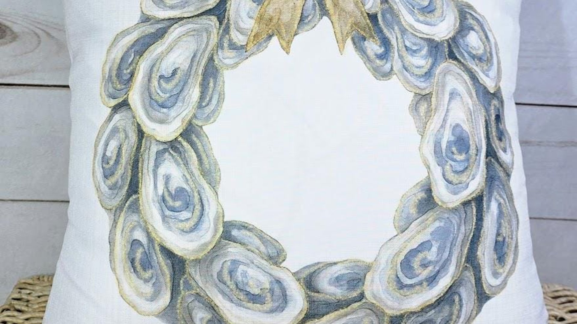 oyster shell spring wreath throw pillows for living room, oyster shell hand towels for bathroom beachy gifts for neighbors