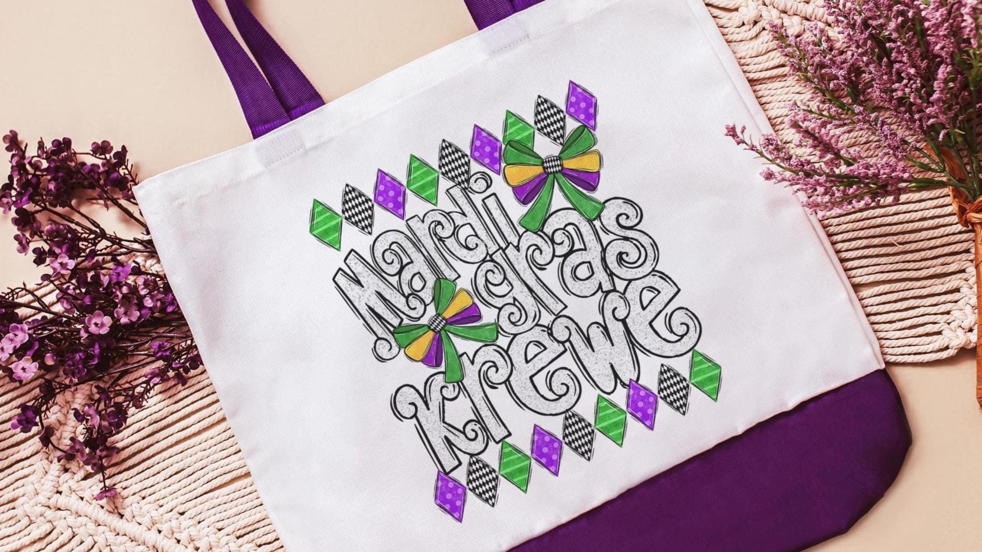 Mardi Gras krewe vibes tote bag for girls trip, Fat Tuesday party favors for guests, Louisiana gifts for women, reusable bag coworker gifts