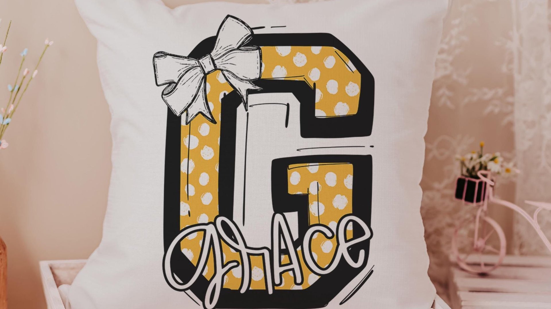 personalized initial throw pillows for girls, butter yellow name pillow cases for teens, secret Santa gifts for teenage girls, coquette