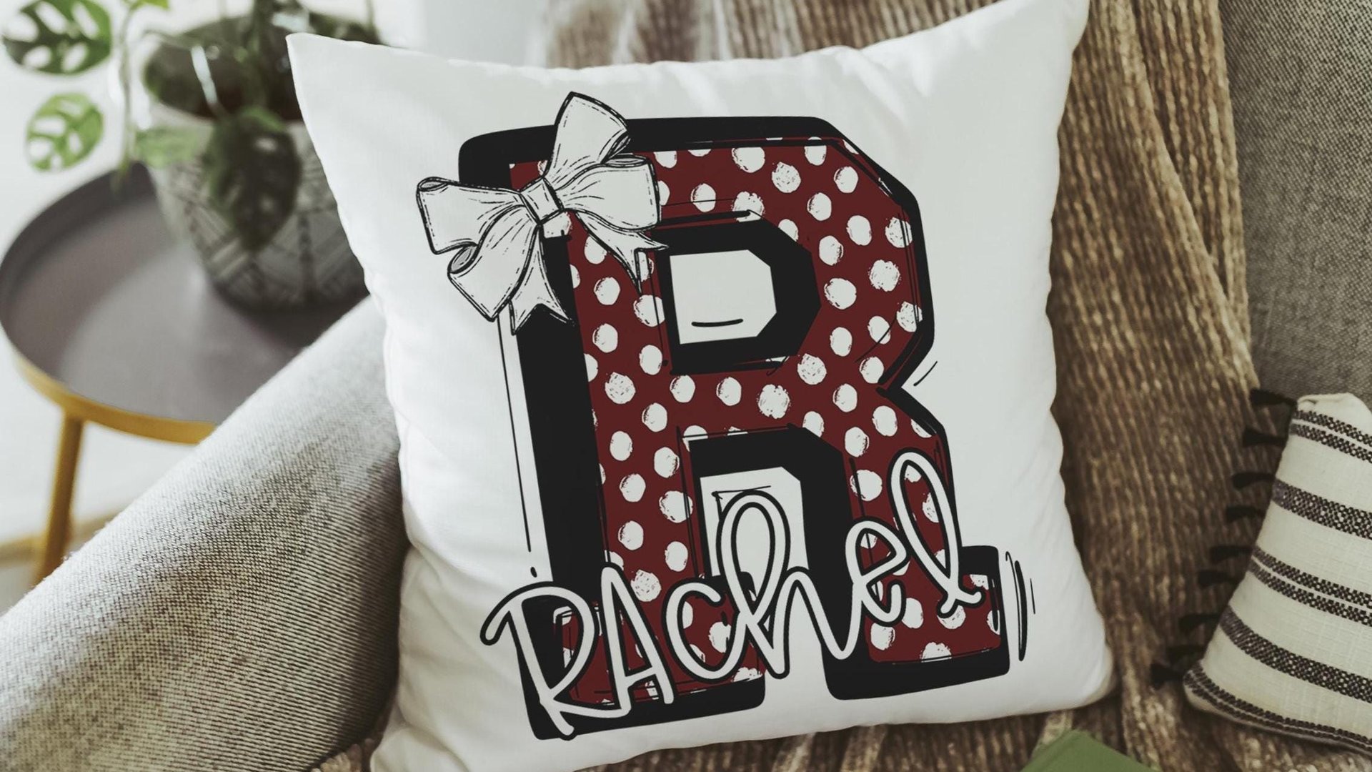 personalized initial throw pillows for little girls, maroon name pillow cases for teens, secret Santa gifts for girls, coquette Christmas