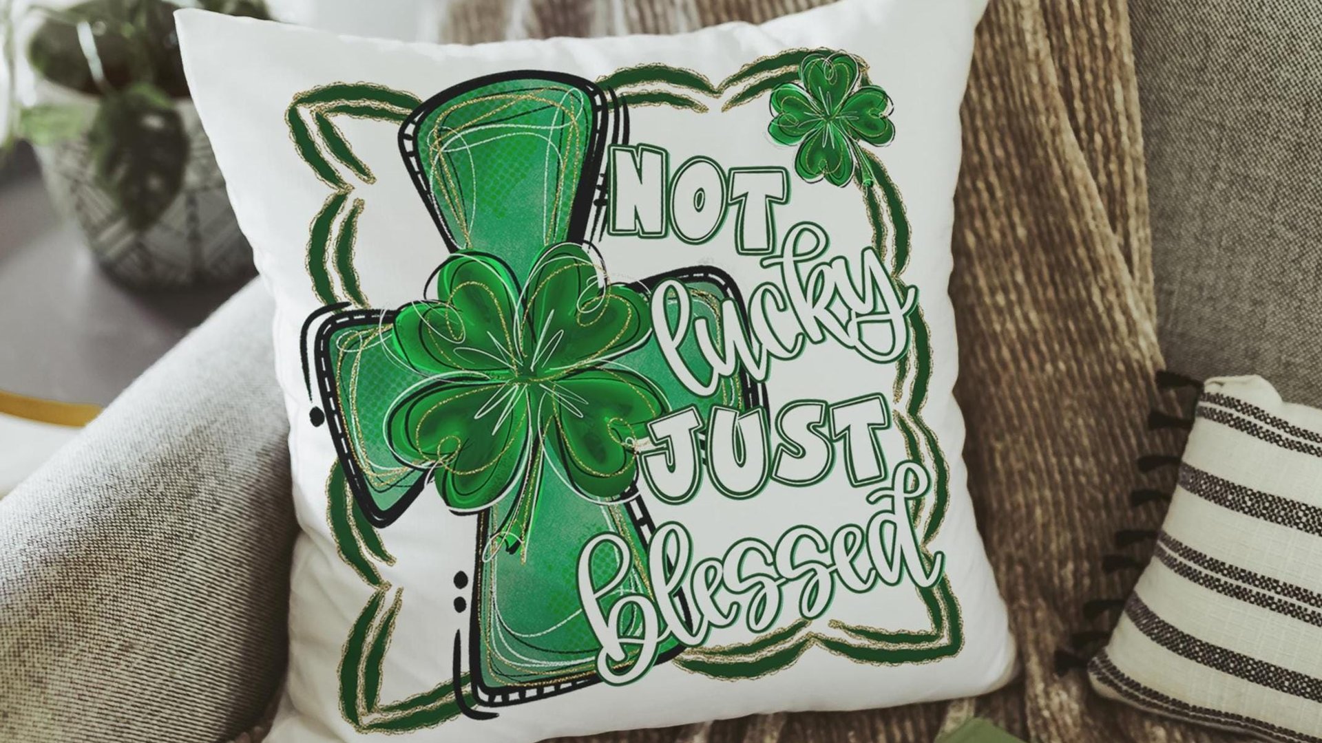 not lucky simply blessed shamrock cross kitchen towel for friends, Christian St Patricks Day decorations, Irish gifts for her, St Pattys Day