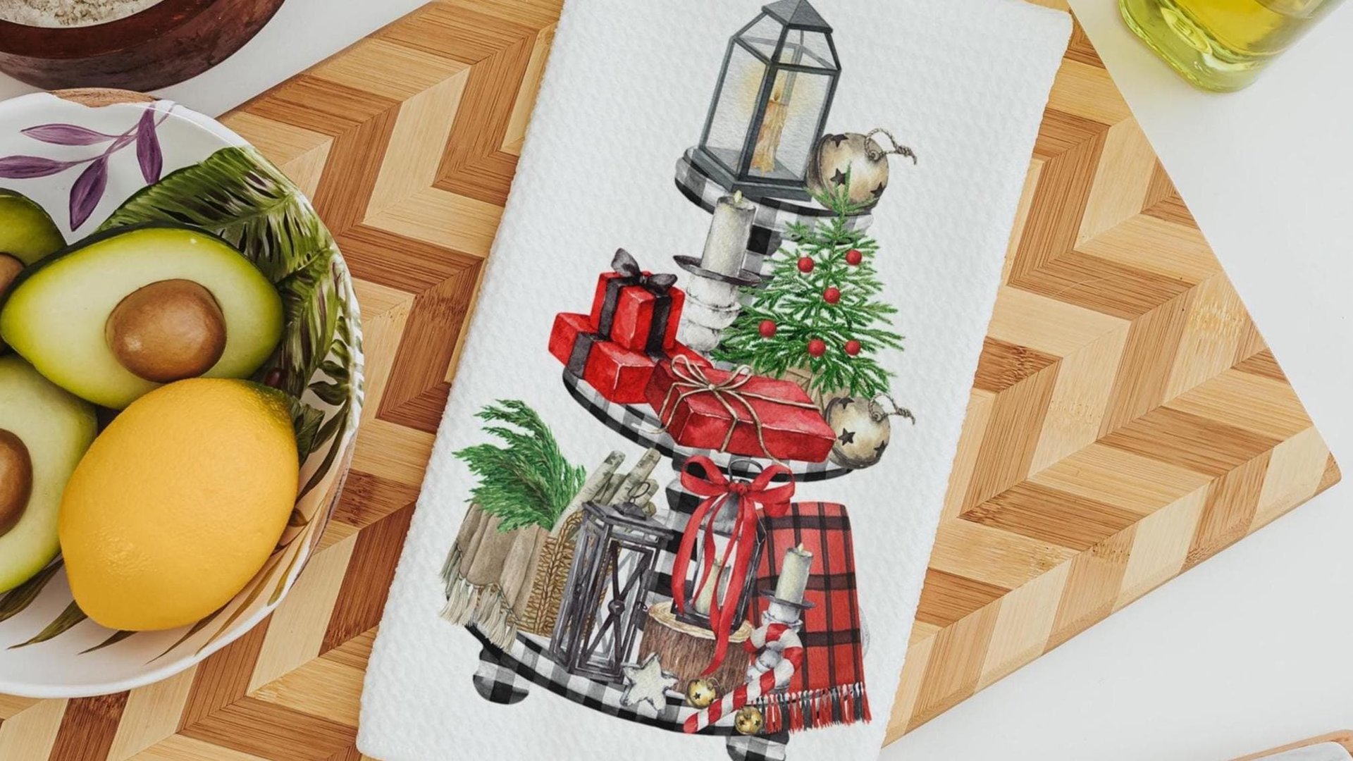 greenery Christmas kitchen towel for women, buffalo plaid Christmas hand towels for bathroom farmhouse Christmas gift for her, secret Santa