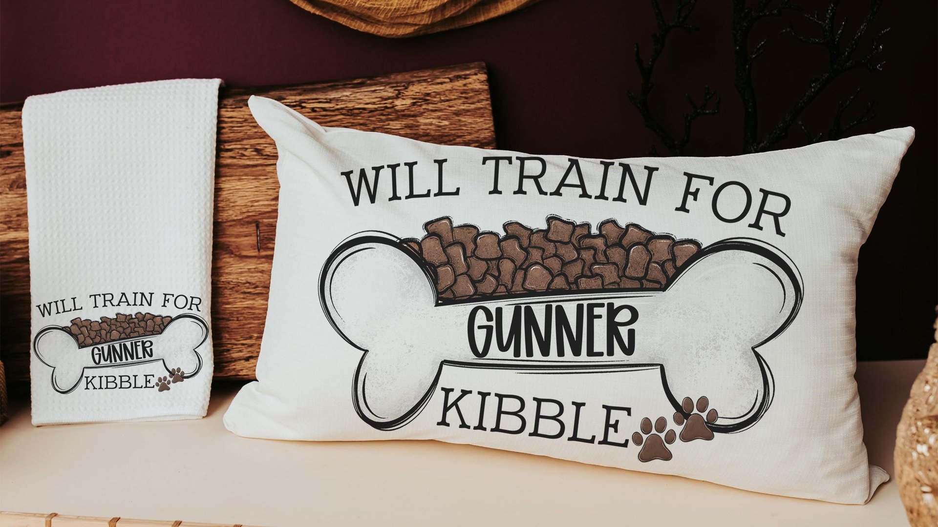 Personalized will train for kibble dog throw pillow for sofa, dog lover gift for women, dog decor for home, dog mom gift, cute kitchen decor