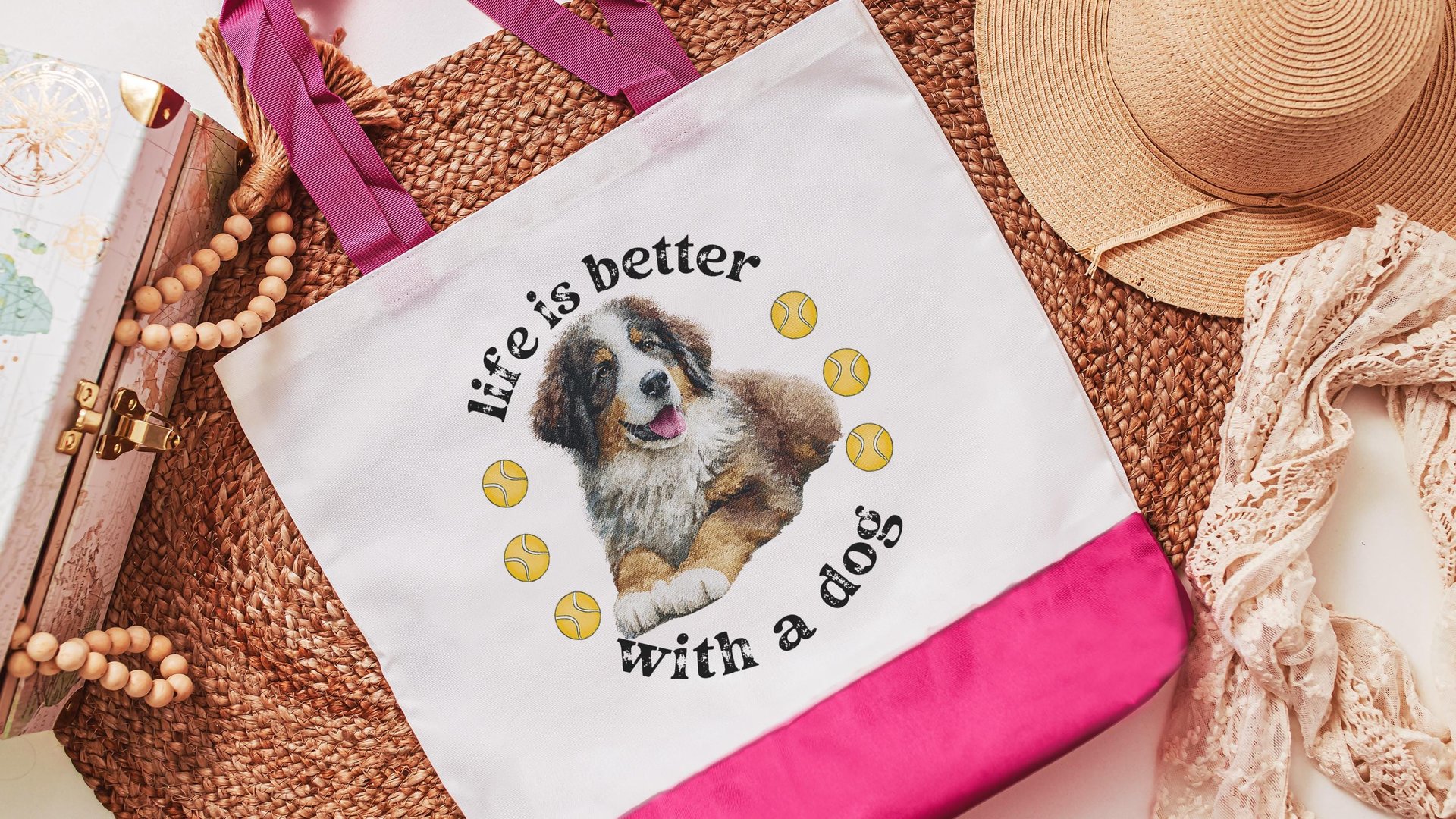 life is better with a dog bernese mountain dog tote bag for dog lover, bernese dog mom dog walking bag for women, cute dog gifts beach bag