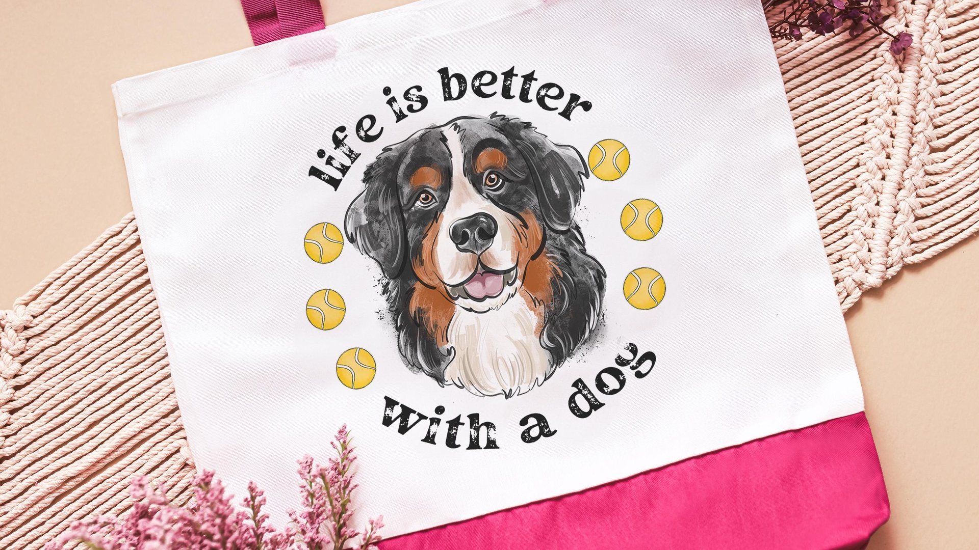 life is better with a dog tote bags for her, best gifts for dog lovers, tennis bags for women, unique dog mom gifts, Bernese mountain dog