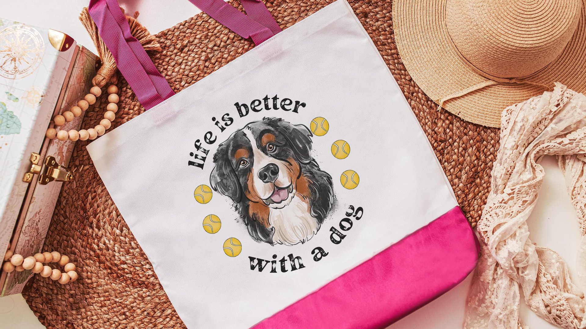 life is better with a dog tote bags for her, best gifts for dog lovers, tennis bags for women, unique dog mom gifts, Bernese mountain dog
