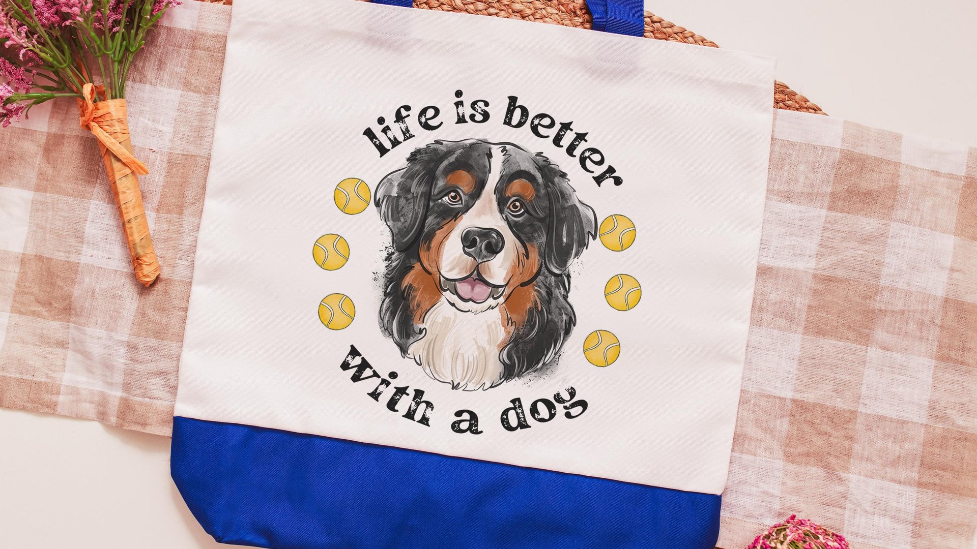 life is better with a dog tote bags for her, best gifts for dog lovers, tennis bags for women, unique dog mom gifts, Bernese mountain dog
