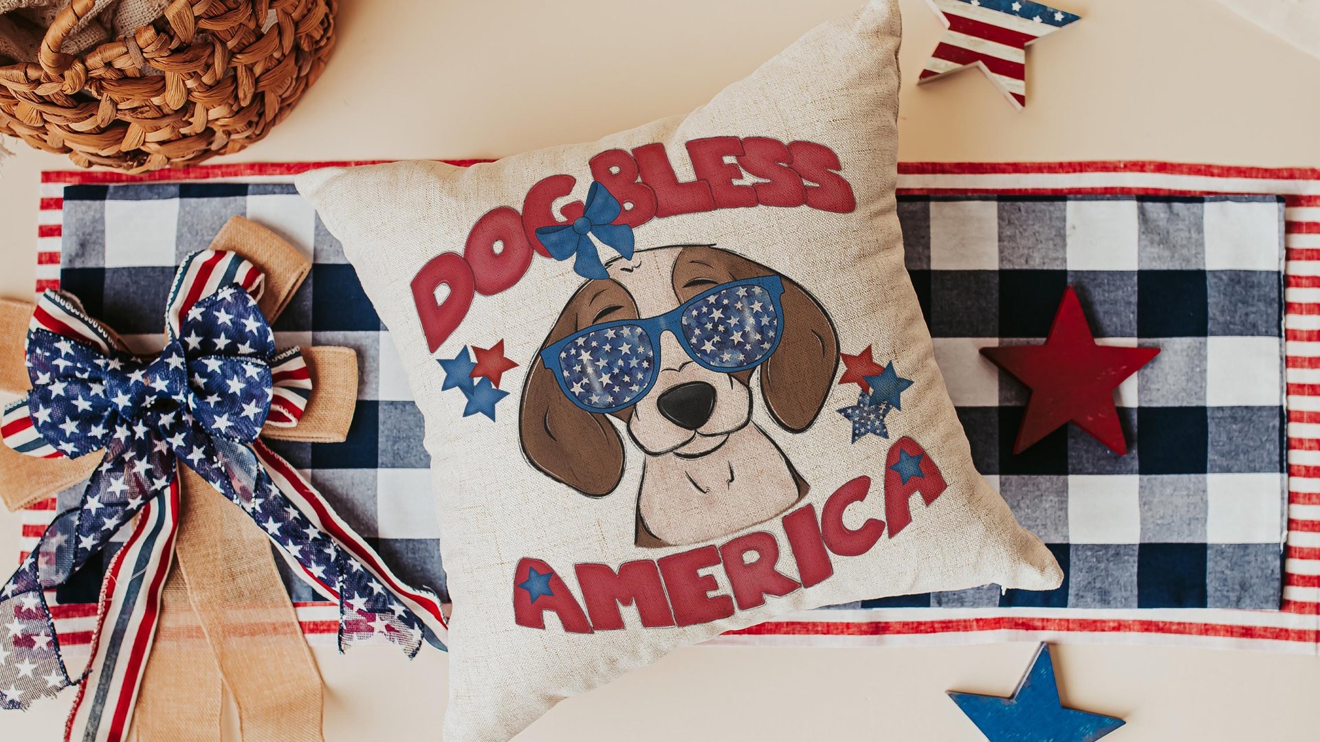 dog bless America beagle kitchen towel for drying dishes, red white and blue patriotic dog hand towel for bathroom, 4th of July beagle gifts