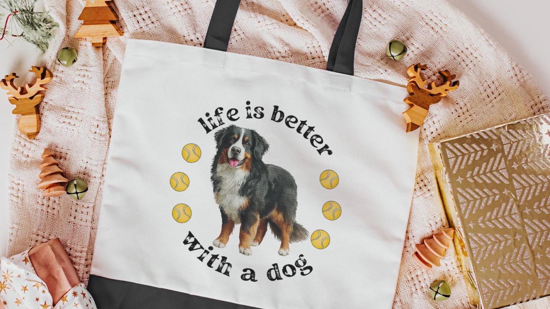 life is better with a dog tote bag for women, best gifts for dog lovers, dog walking bag, unique dog mom gifts, Bernese mountain dog gift