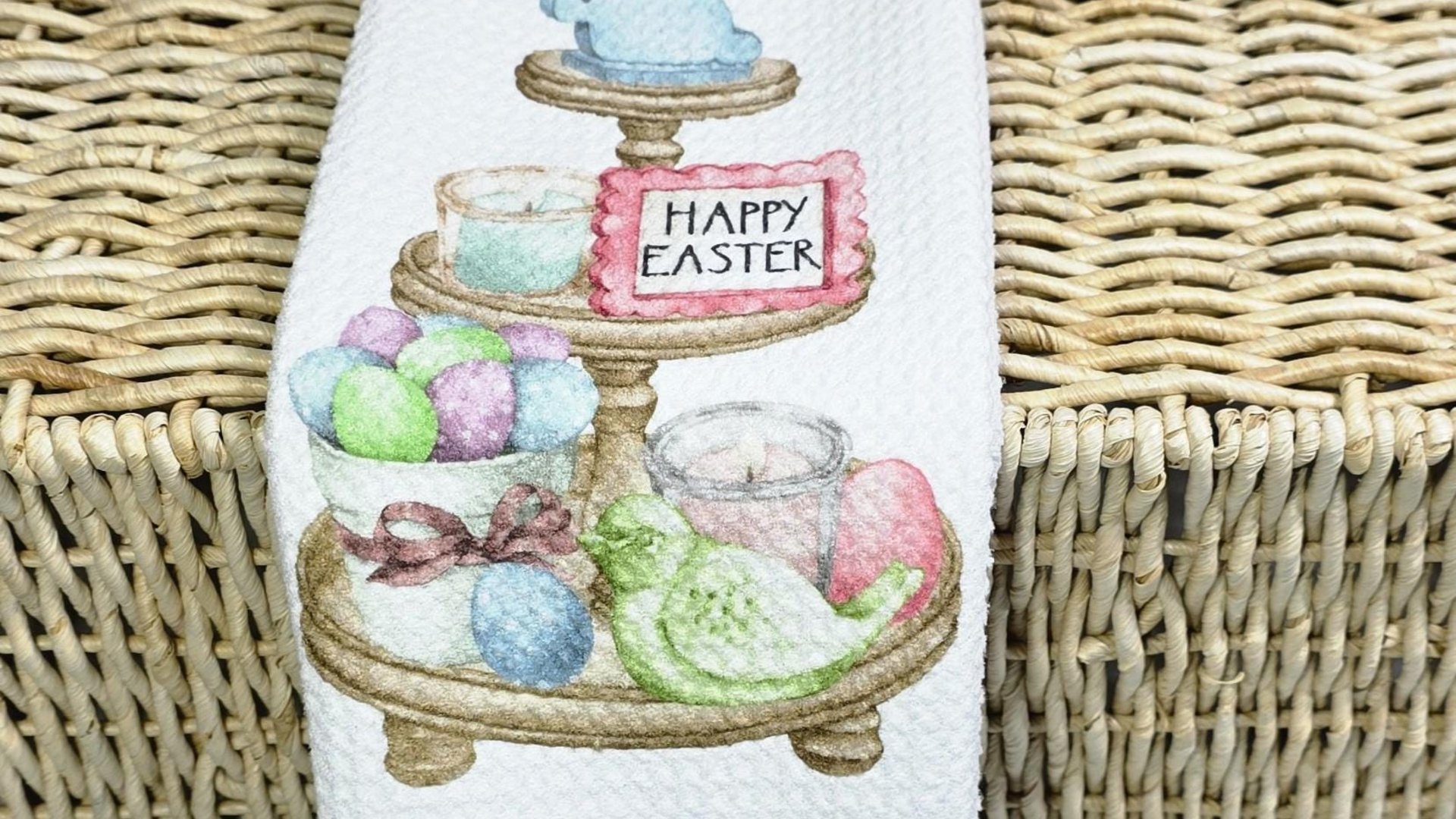 Happy Easter kitchen towels for gifts, Easter hostess gifts for women, pastel Easter kitchen hand towels for church, Easter eggs and bunnies