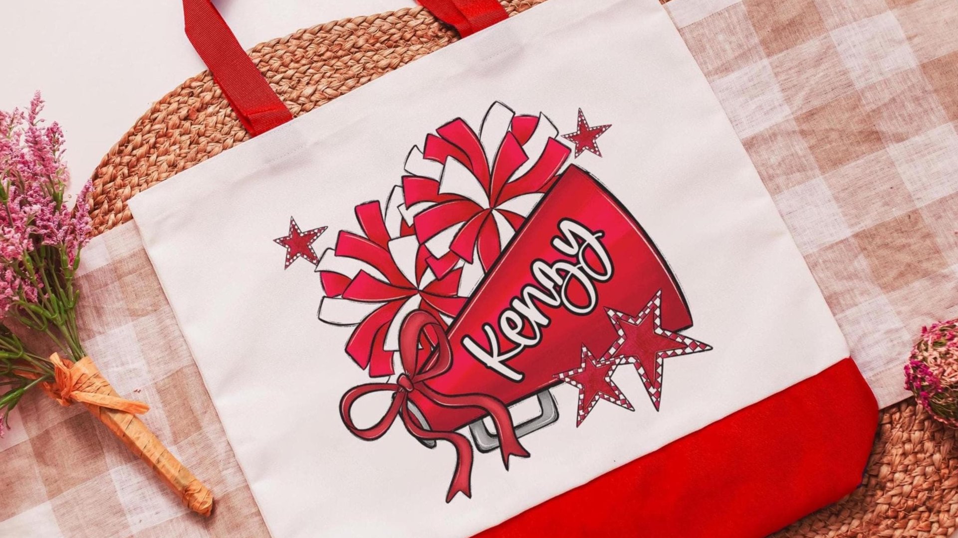 personalized cheer tote bag with name, red school spirit college cheerleading gear, cheerleader gifts for girls senior night gifts cheer