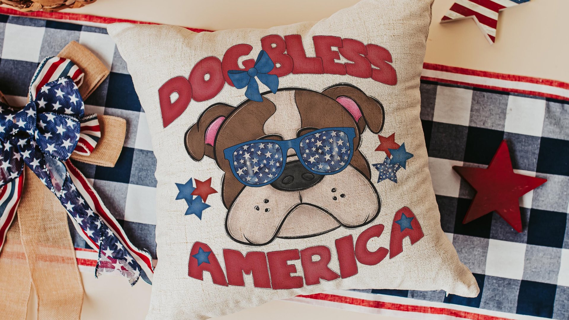 dog bless America 4th of July kitchen towel for bbq, red white and blue patriotic dog hand towel for gifting, bulldog dog gift