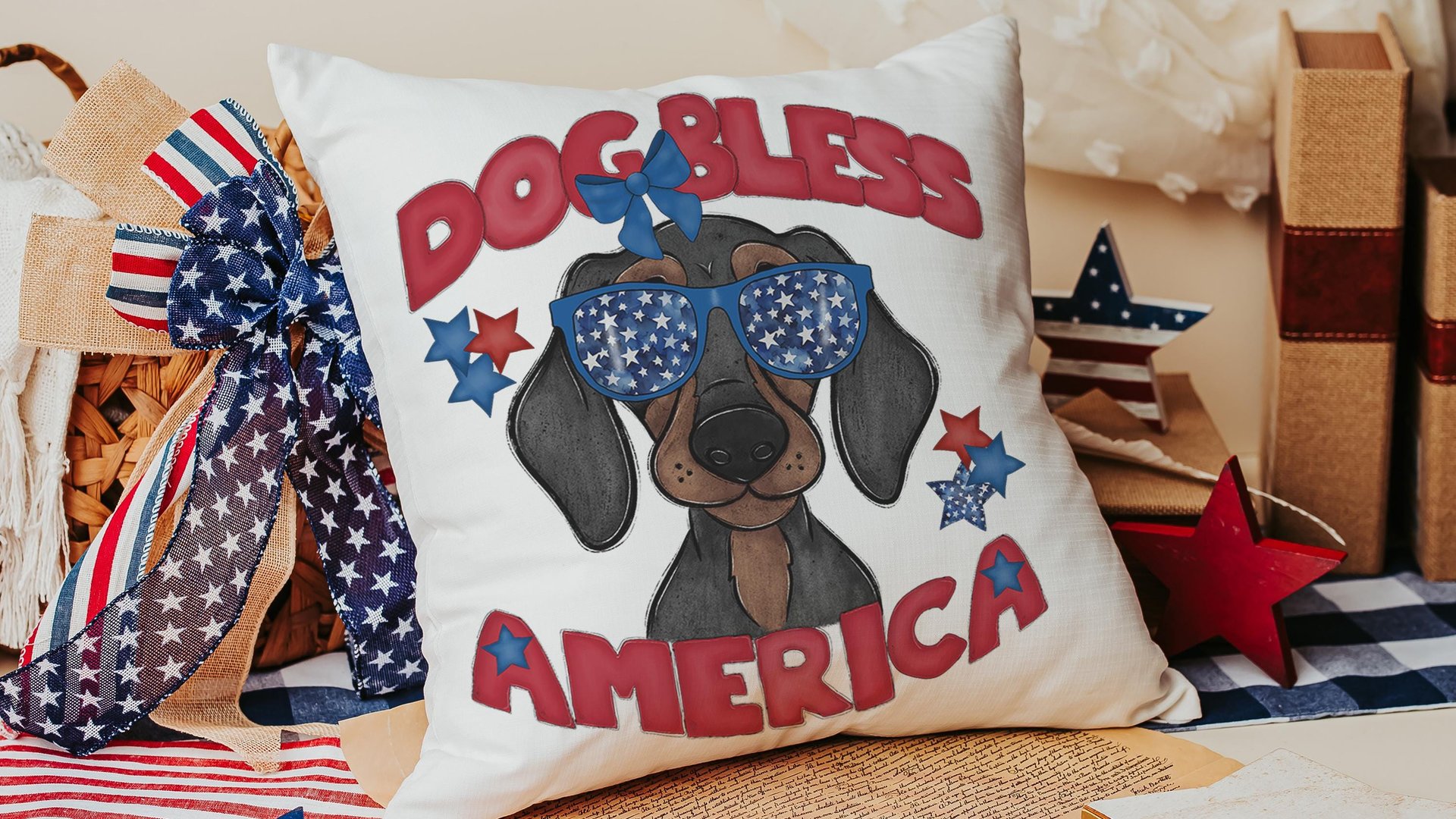 dog bless America dachshund kitchen towels for dog lovers, red white and blue patriotic dog gift for owners, wiener dog hand towels for
