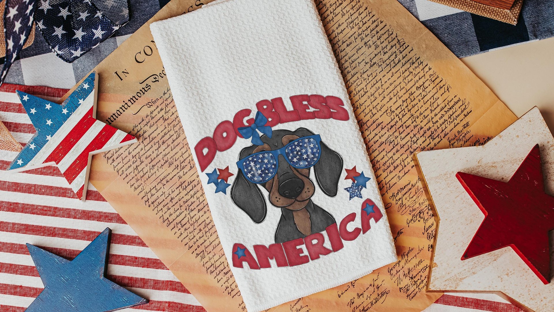 dog bless America dachshund kitchen towels for dog lovers, red white and blue patriotic dog gift for owners, wiener dog hand towels for