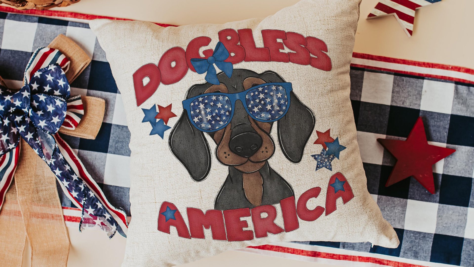dog bless America dachshund kitchen towels for dog lovers, red white and blue patriotic dog gift for owners, wiener dog hand towels for