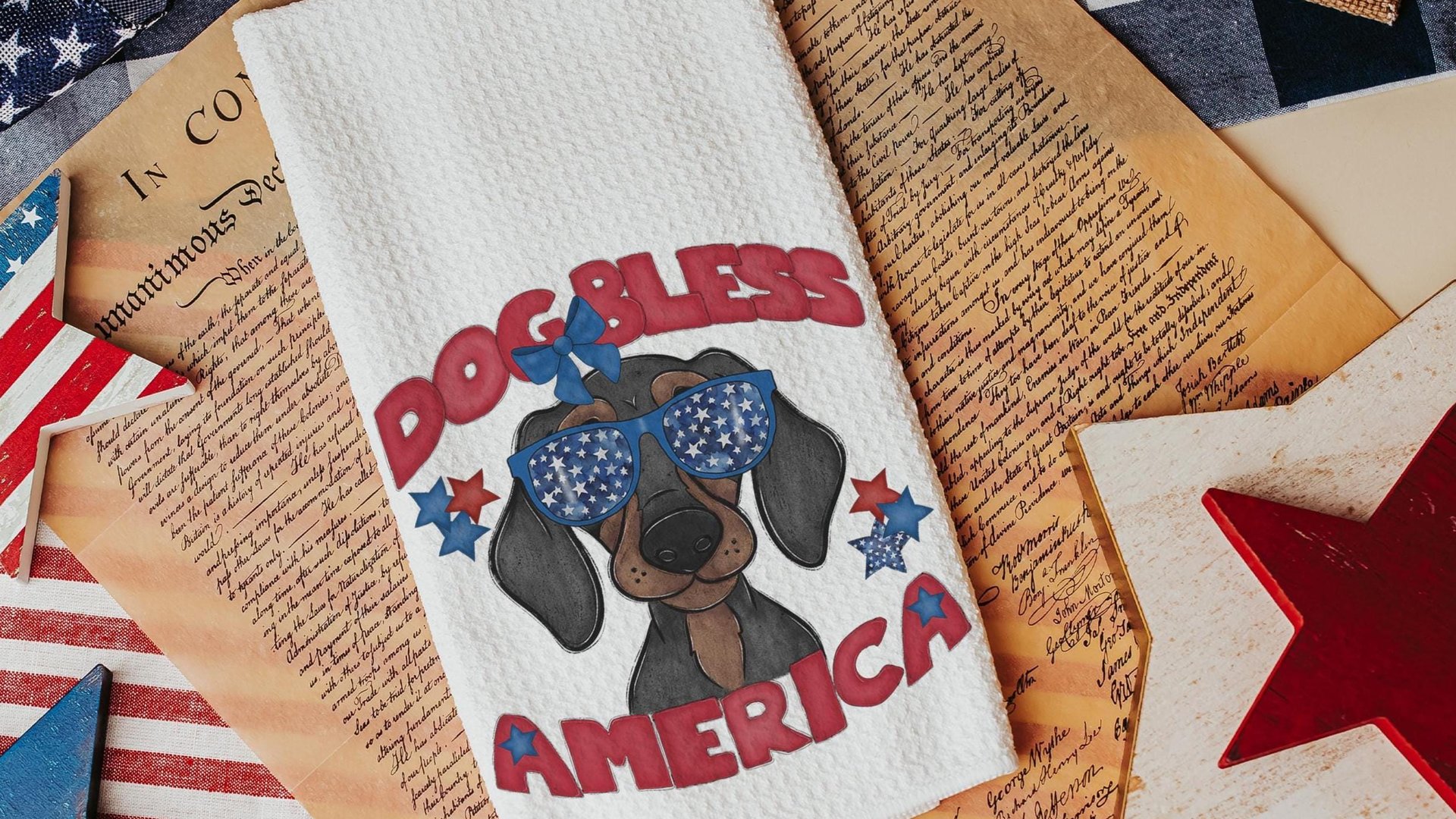 dog bless America dachshund kitchen towels for dog lovers, red white and blue patriotic dog gift for owners, wiener dog hand towels for
