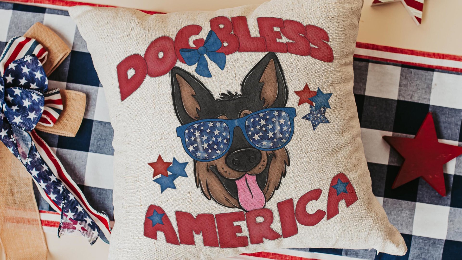 dog bless America patriotic throw pillows for couch, best gifts for dog lovers, 4th of July decor, unique dog mom gifts, German shepherd
