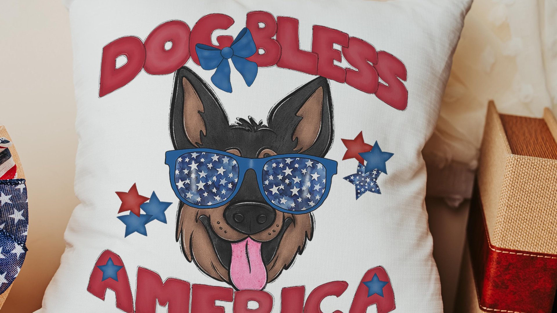 dog bless America patriotic throw pillows for couch, best gifts for dog lovers, 4th of July decor, unique dog mom gifts, German shepherd