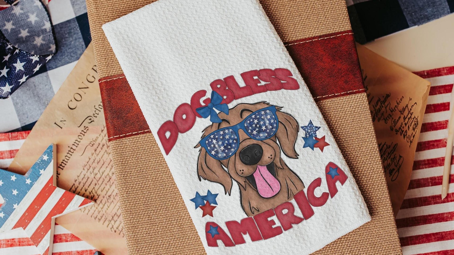 dog bless America 4th of July kitchen towel for bbq, red white and blue patriotic dog hand towel for gifting, Golden Retriever dog gift