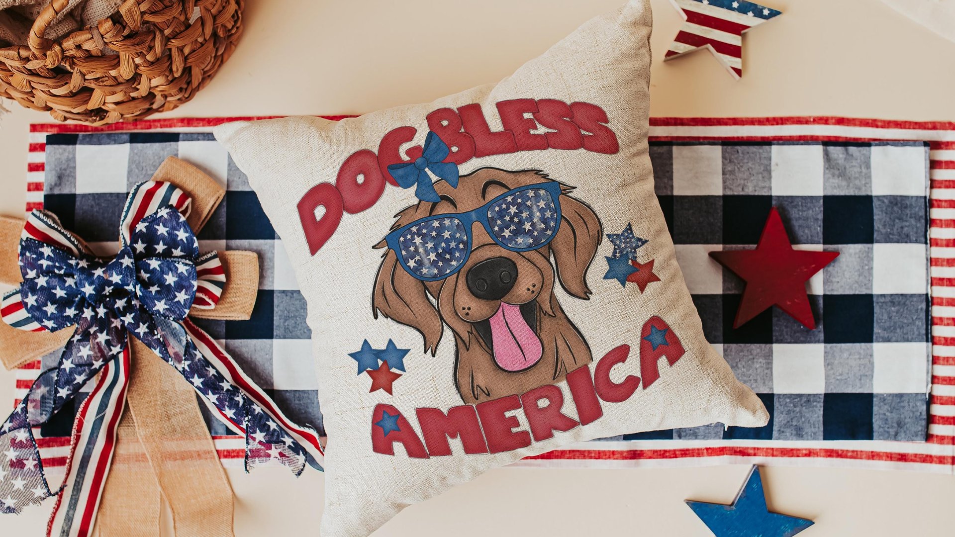 dog bless America throw pillows for couch for dog lovers, golden retriever gifts for women, patriotic dog decor for home, best gifts for her