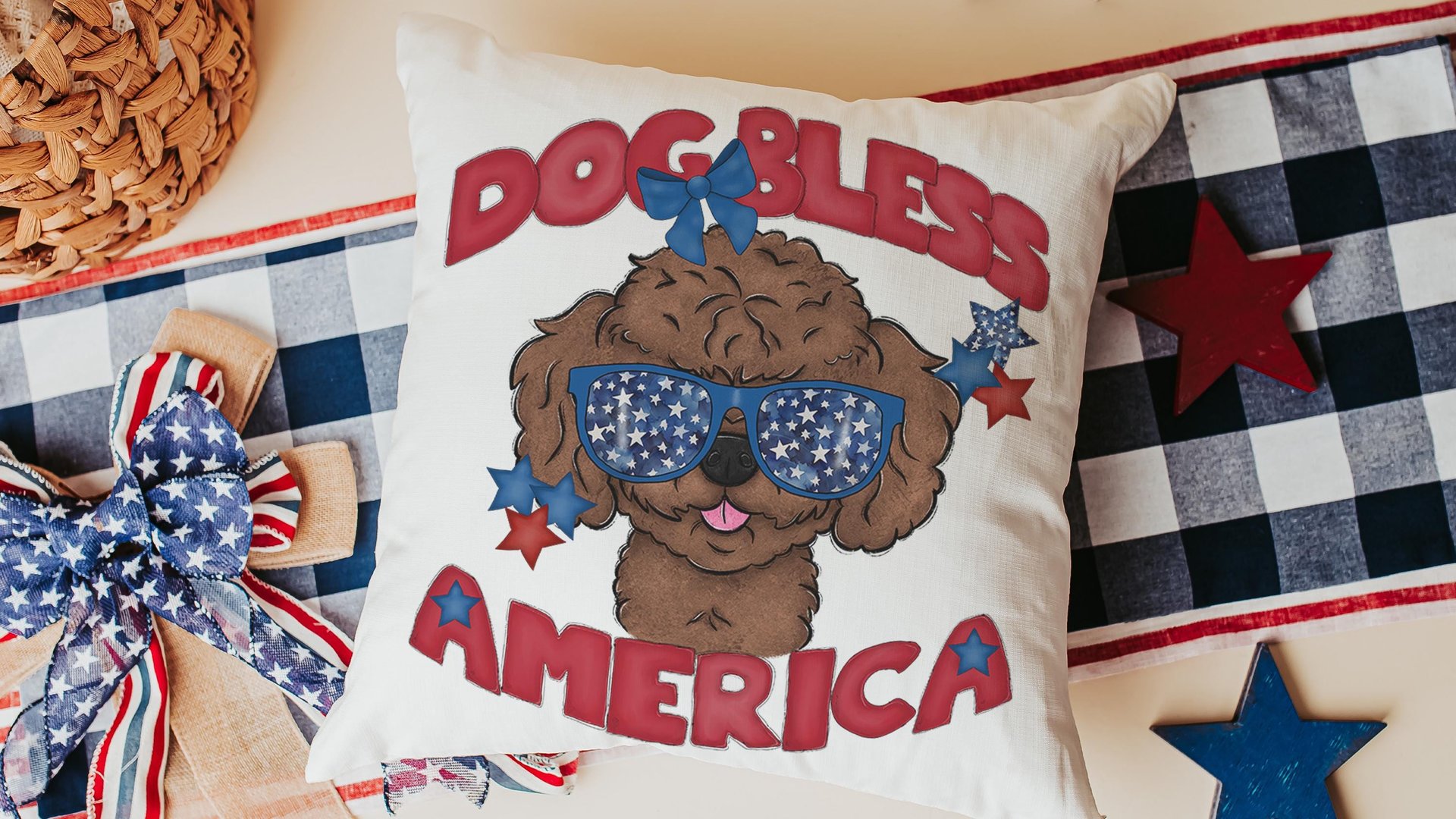 dog bless America patriotic throw pillow for living room, unique dog mom gifts, toy poodle pillow cover 18x18, best gifts for dog lovers