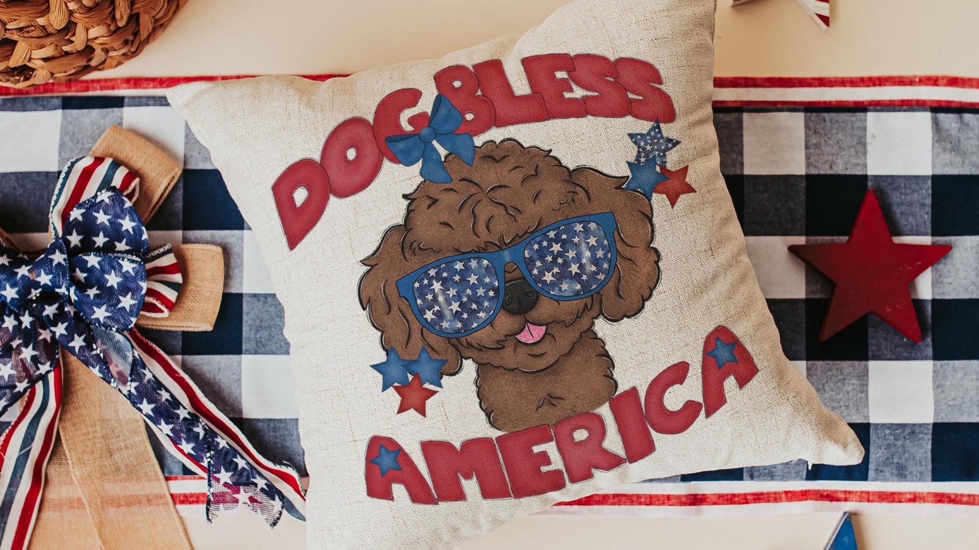dog bless America patriotic throw pillow for living room, unique dog mom gifts, toy poodle pillow cover 18x18, best gifts for dog lovers