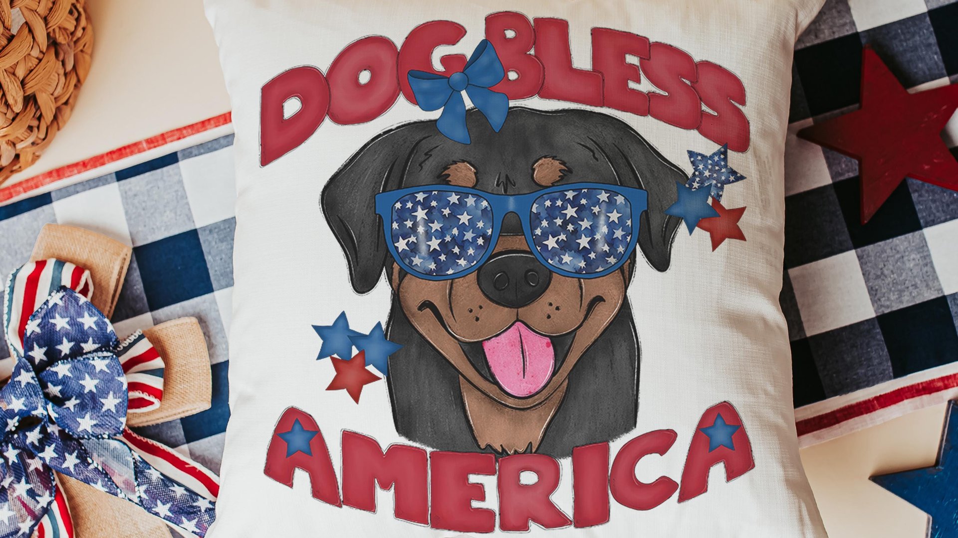 dog bless America rottweiler throw pillows for couch for dog lovers, rottweiler gifts for women, patriotic dog gift for owners, 4th of July