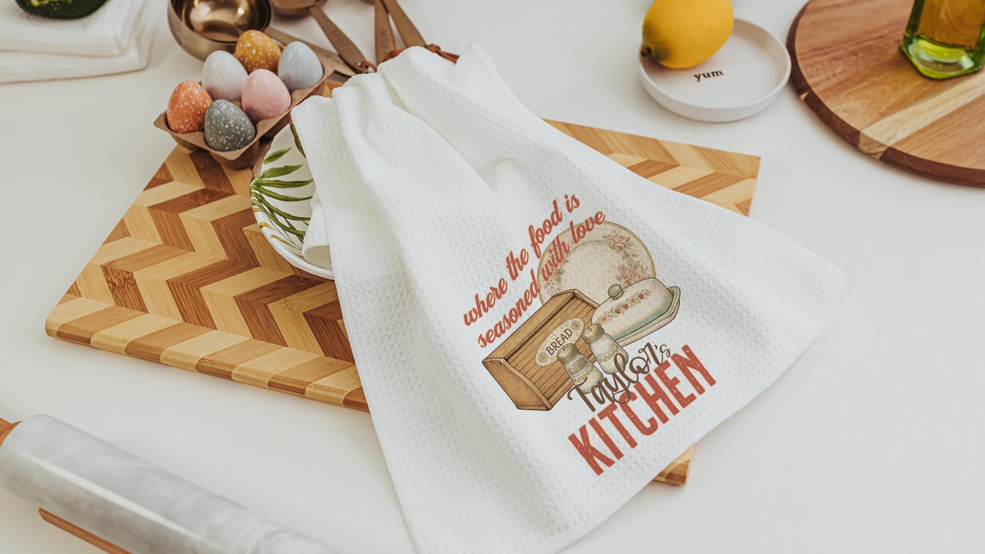 personalized seasoned with love kitchen towel for grandma, vintage inspired kitchen decor, baker gifts for her, moms kitchen hand towel for