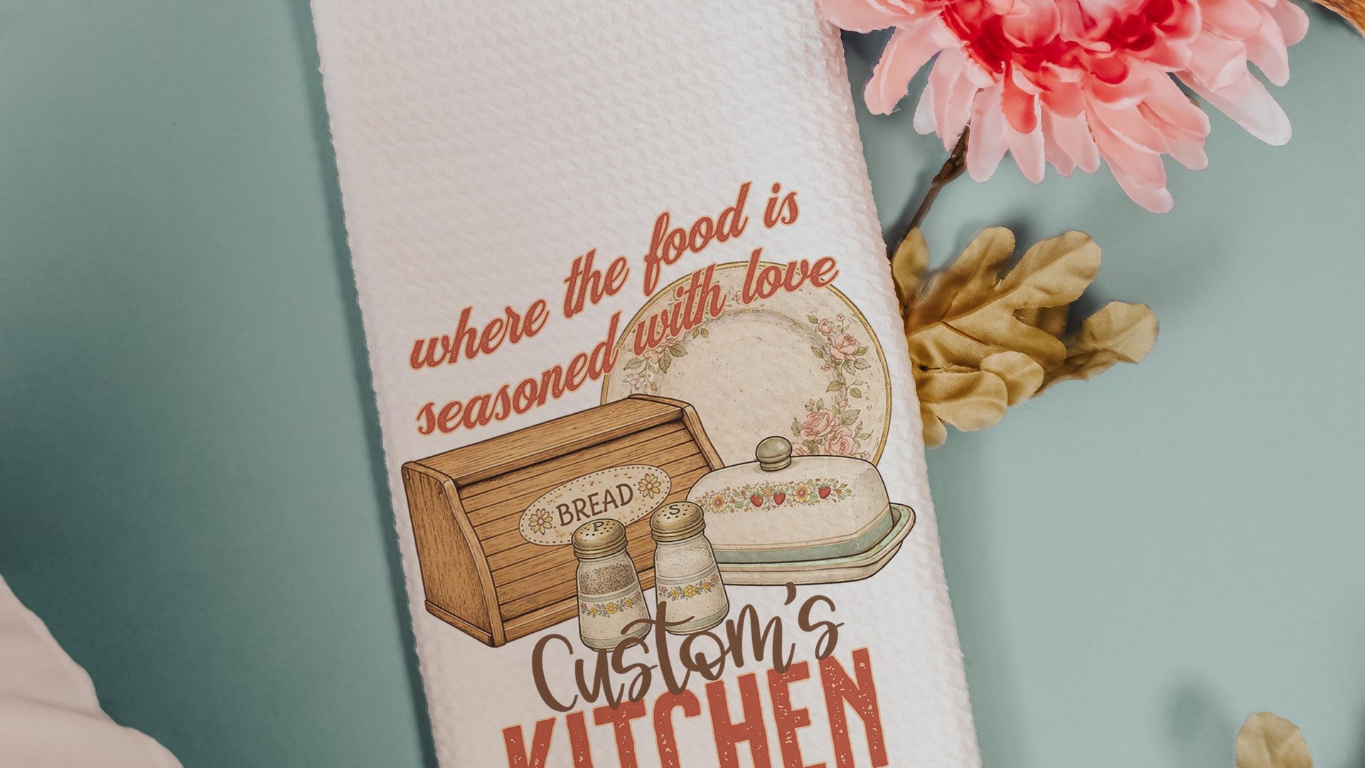 personalized seasoned with love kitchen towel for grandma, vintage inspired kitchen decor, baker gifts for her, moms kitchen hand towel for