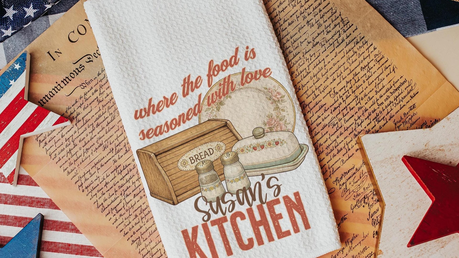personalized seasoned with love kitchen towel for grandma, vintage inspired kitchen decor, baker gifts for her, moms kitchen hand towel for
