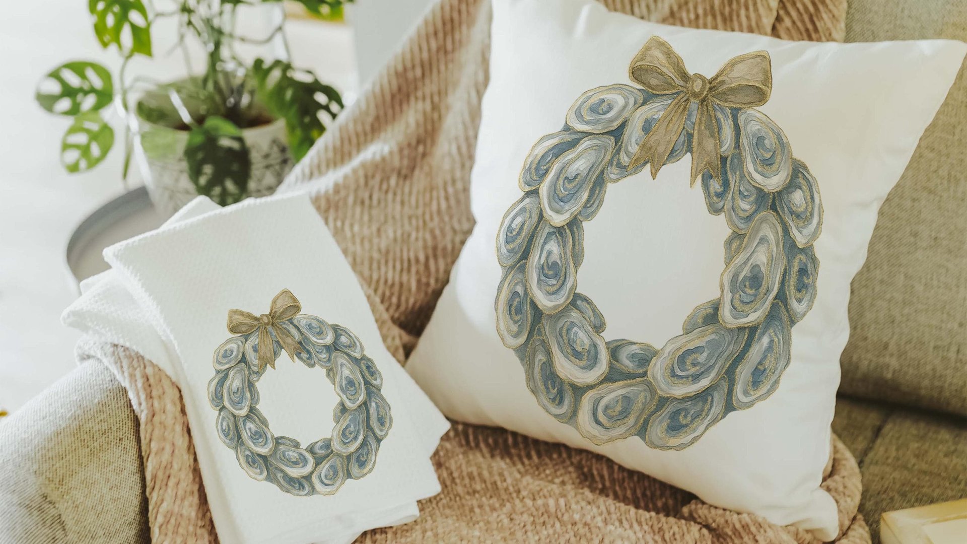 oyster shell spring wreath throw pillows for living room, oyster shell hand towels for bathroom beachy gifts for neighbors