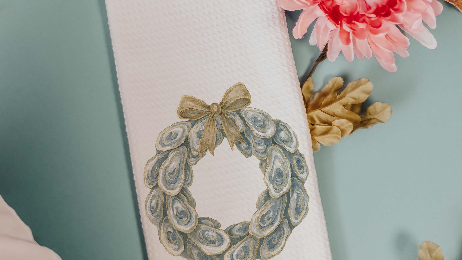 oyster shell spring wreath throw pillows for living room, oyster shell hand towels for bathroom beachy gifts for neighbors