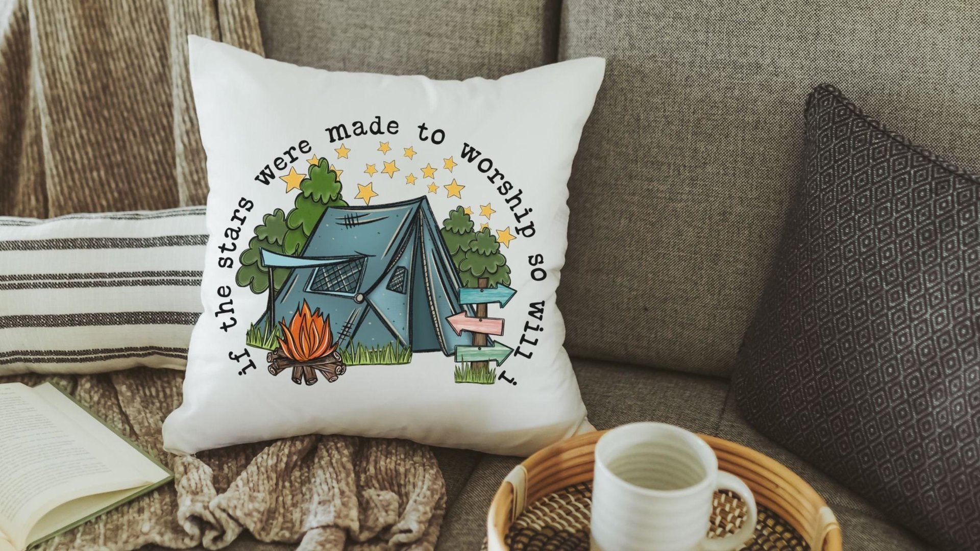 made to worship under the stars camping throw pillow for bench, Christian gifts for home, RV accessories for inside, camper decor pillow