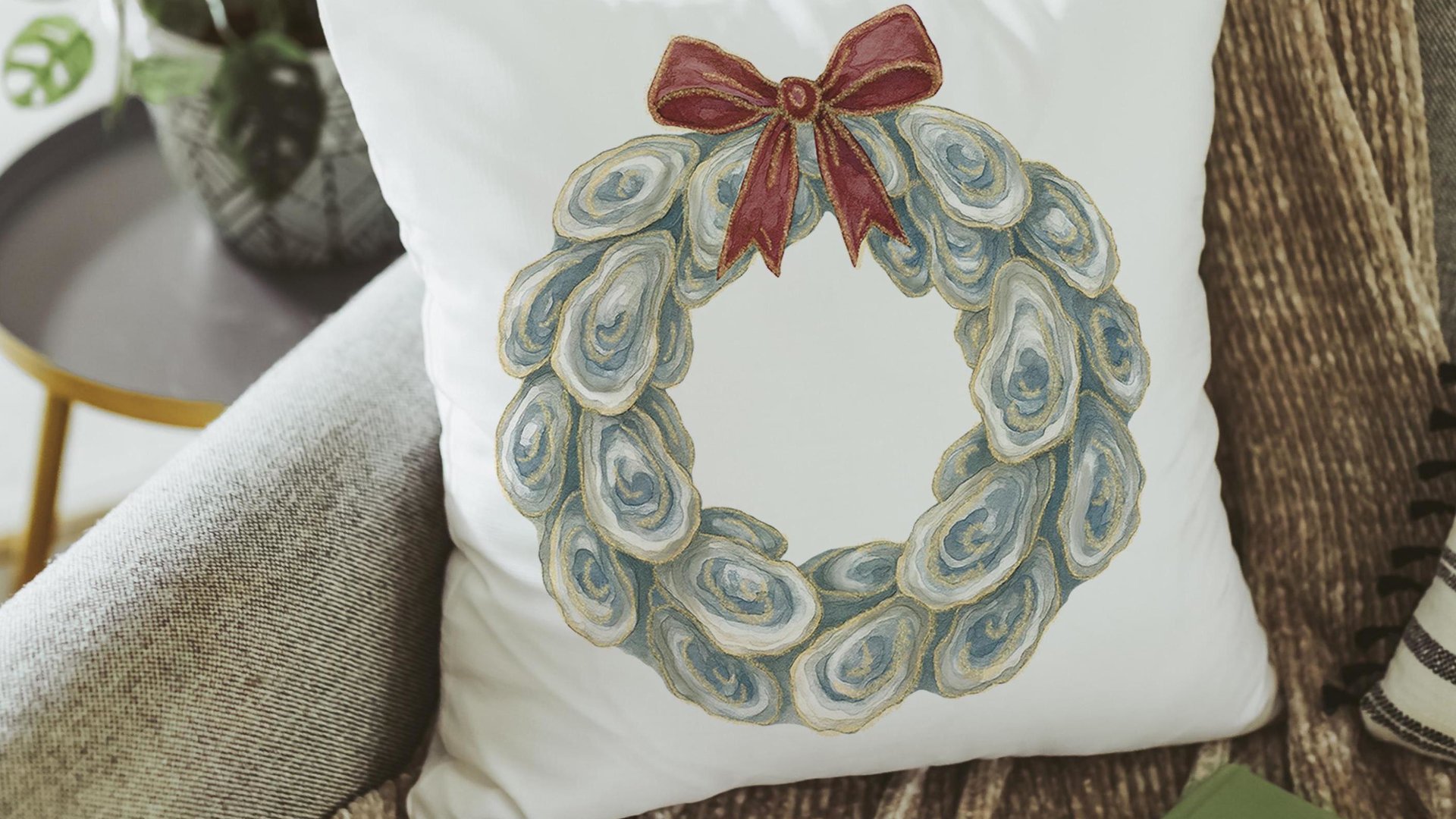 oyster shell wreath throw pillows for couch coastal decor for home, best gifts for her, summer pillow covers indoor porch decor, beachy gift