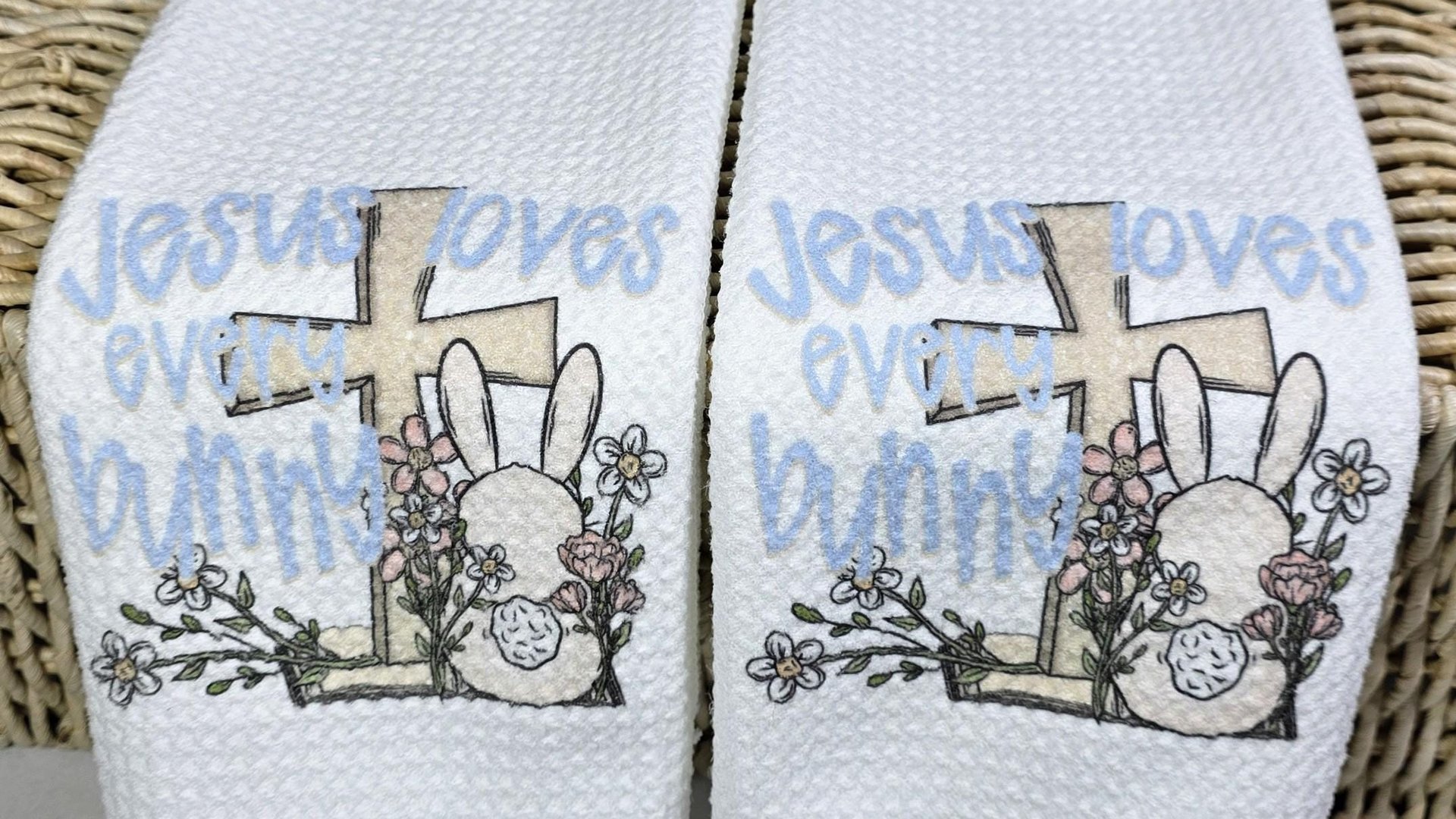 Jesus loves every bunny Easter kitchen towels for mom, Christian Easter basket stuffers for women, Easter bunny decorative hand towels for