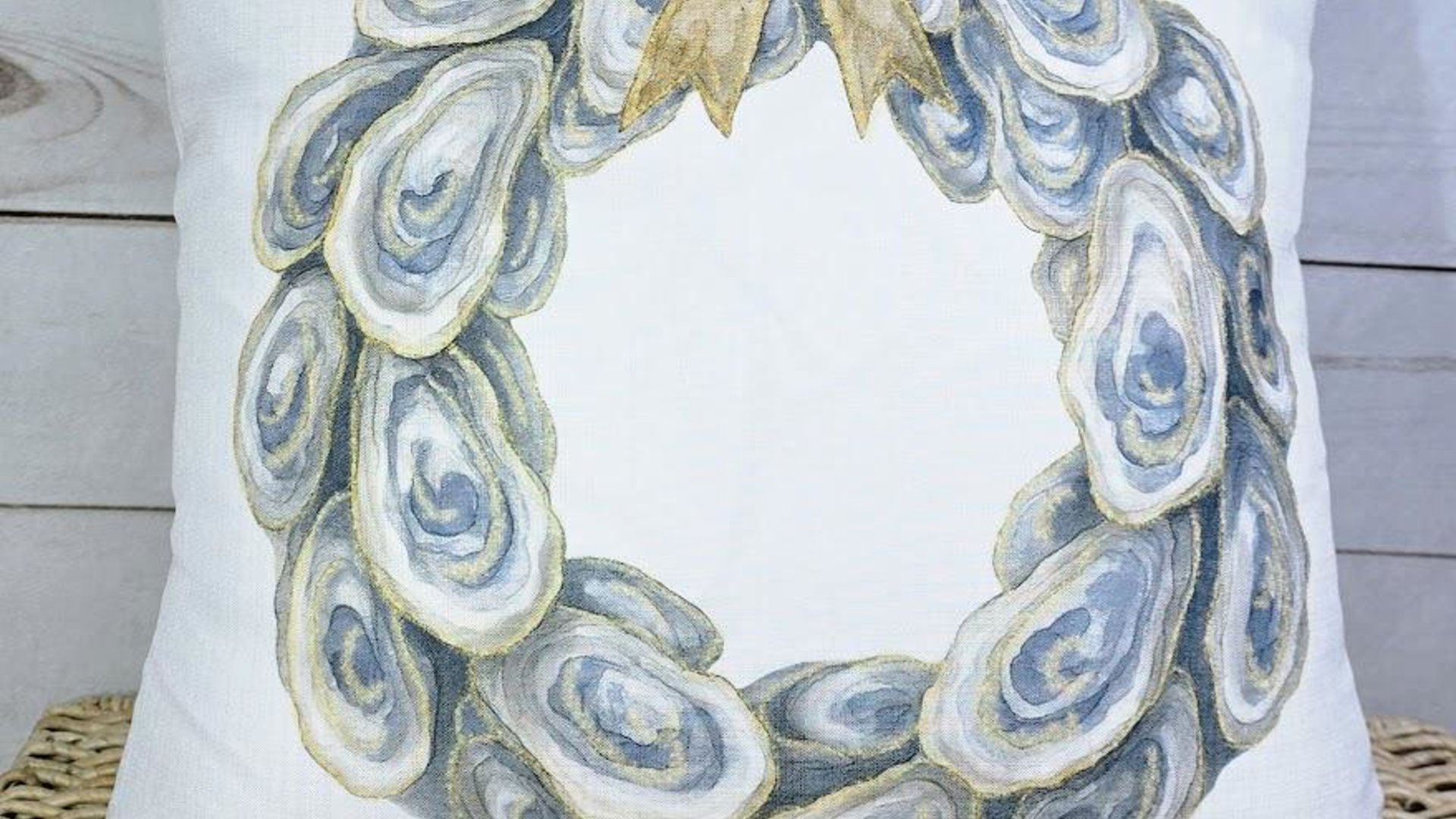 oyster shell spring wreath throw pillows for living room, oyster shell hand towels for bathroom beachy gifts for neighbors