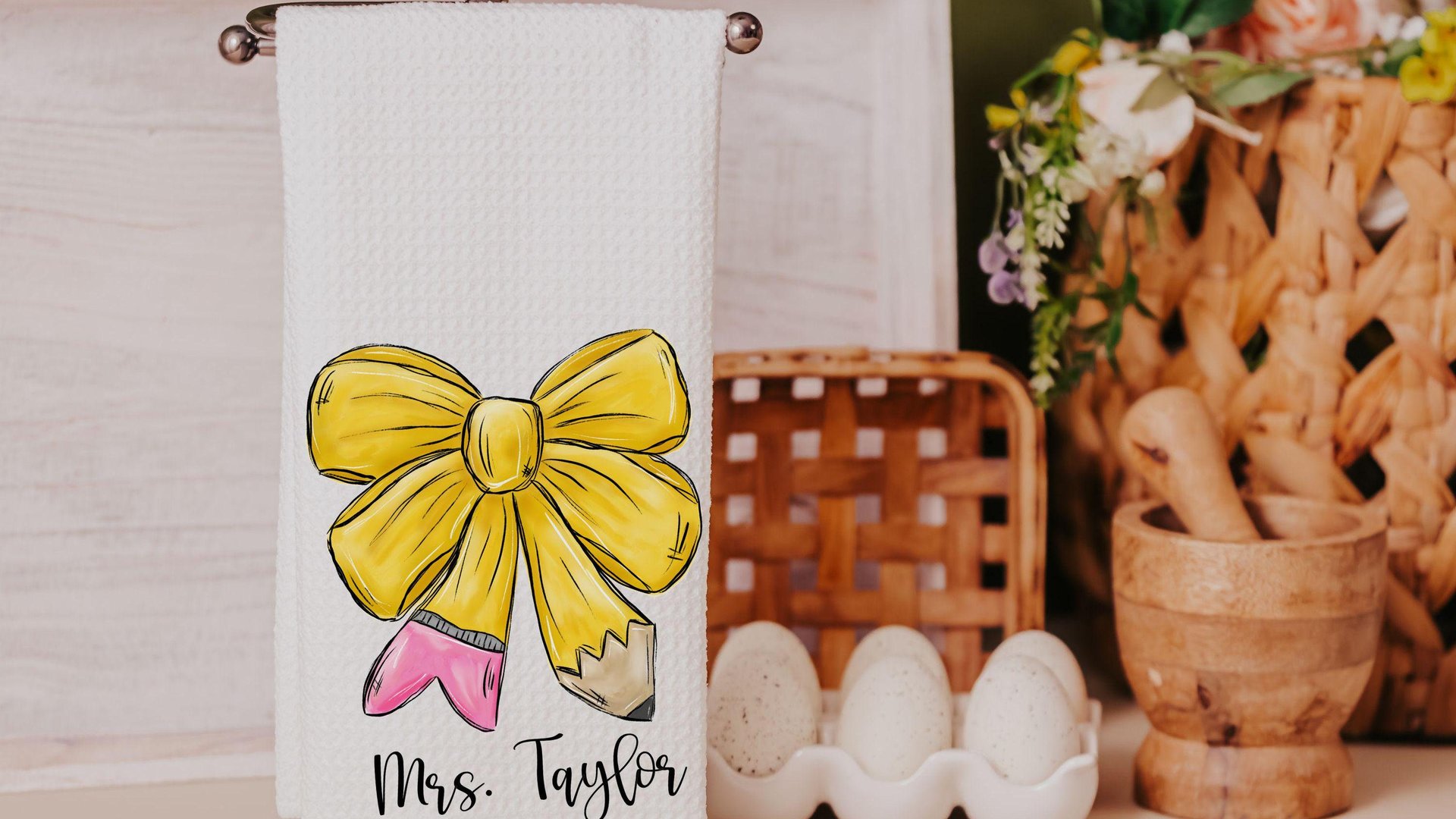personalized pencil coquette bow kitchen towels for gifts, custom name hand towel for kitchen, cute teacher gifts for new teachers, pre k