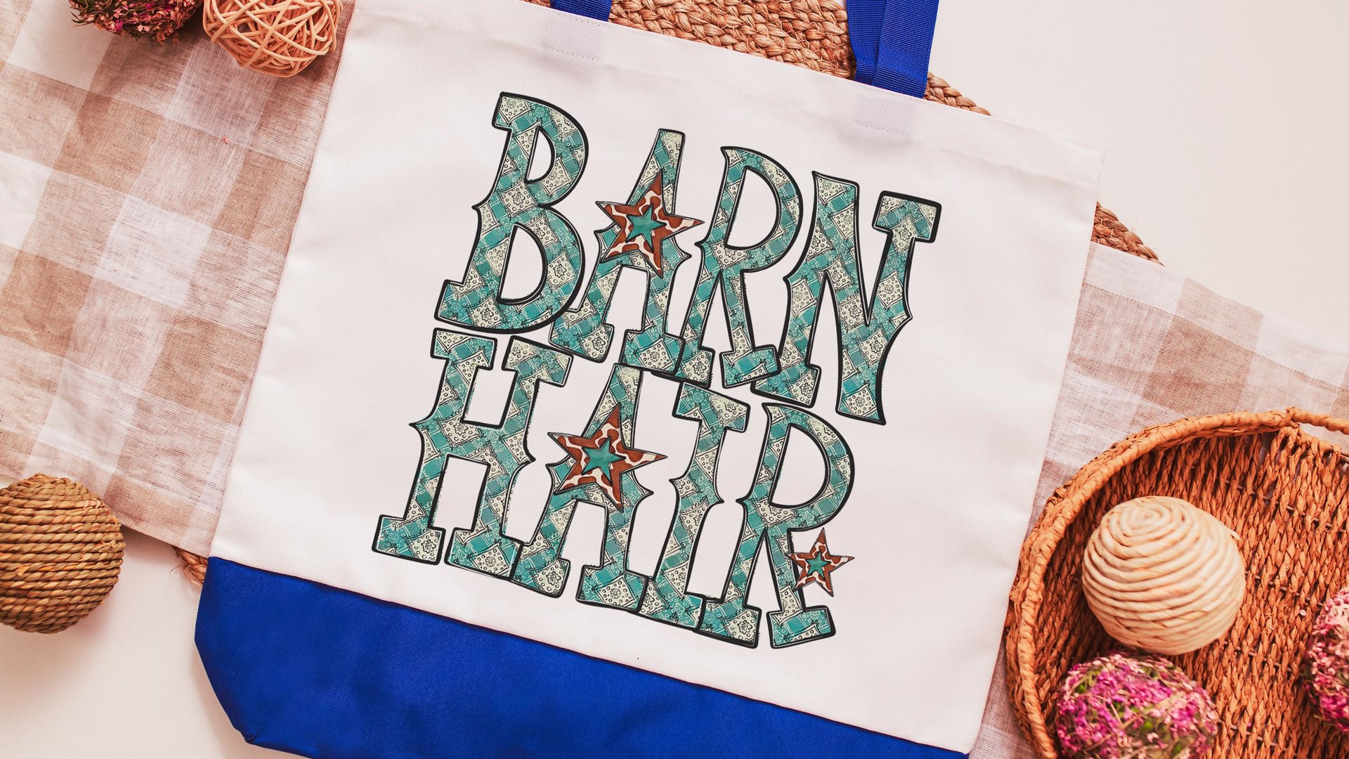 Barn hair tote bags for women, turquoise bandana print country girl gifts, farmers market bag for sister, farm gifts for animal lovers